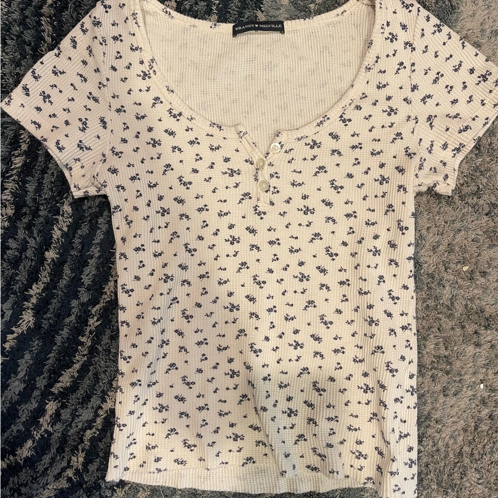 Brandy Melville Cream Floral Short Sleeve Top